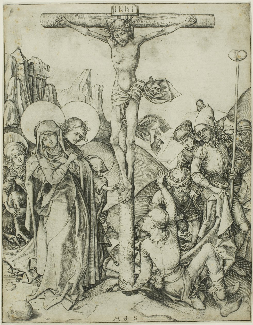 Die Kreuzigung mit den heiligen Frauen, St. Johannes und römischen Soldaten von Martin Schongauer