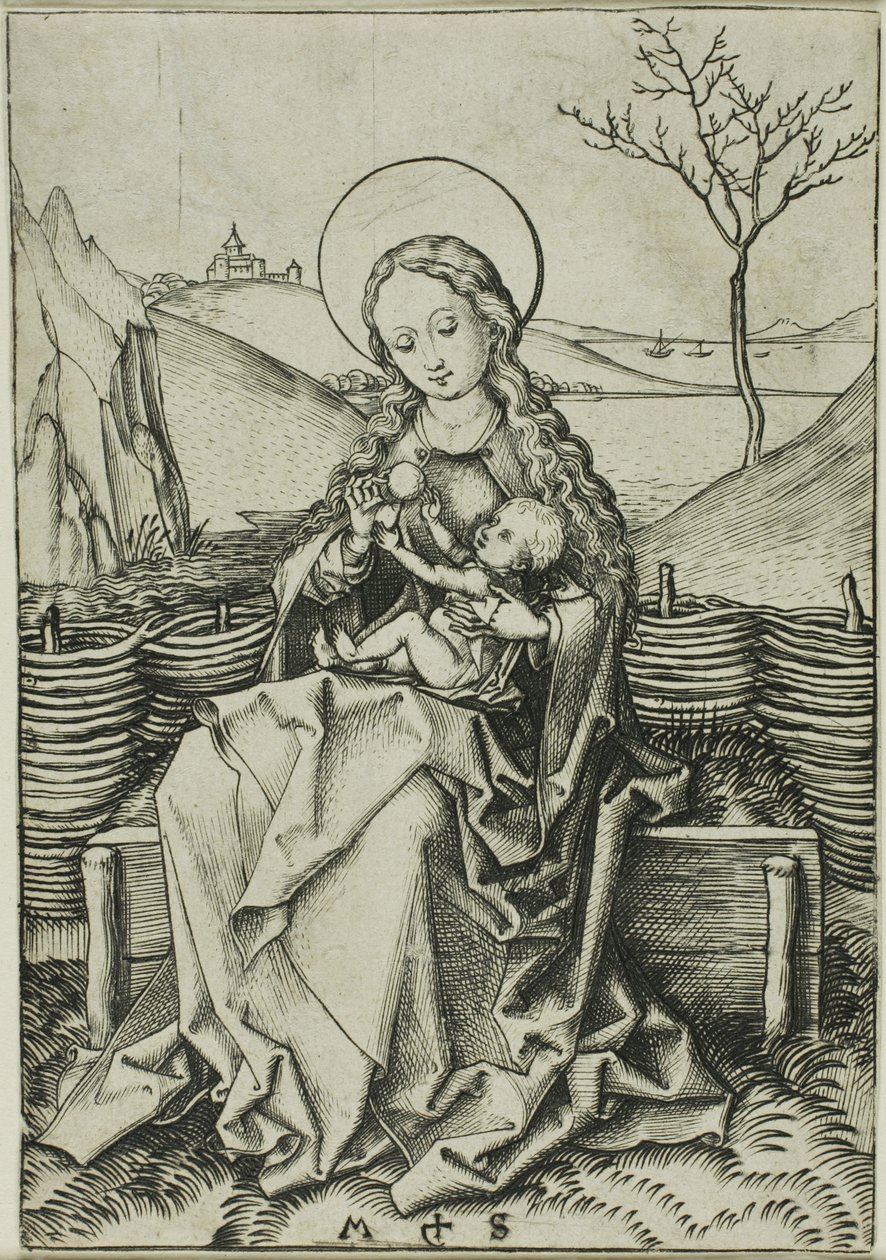 Die Madonna und das Kind auf einer grasbewachsenen Bank von Martin Schongauer