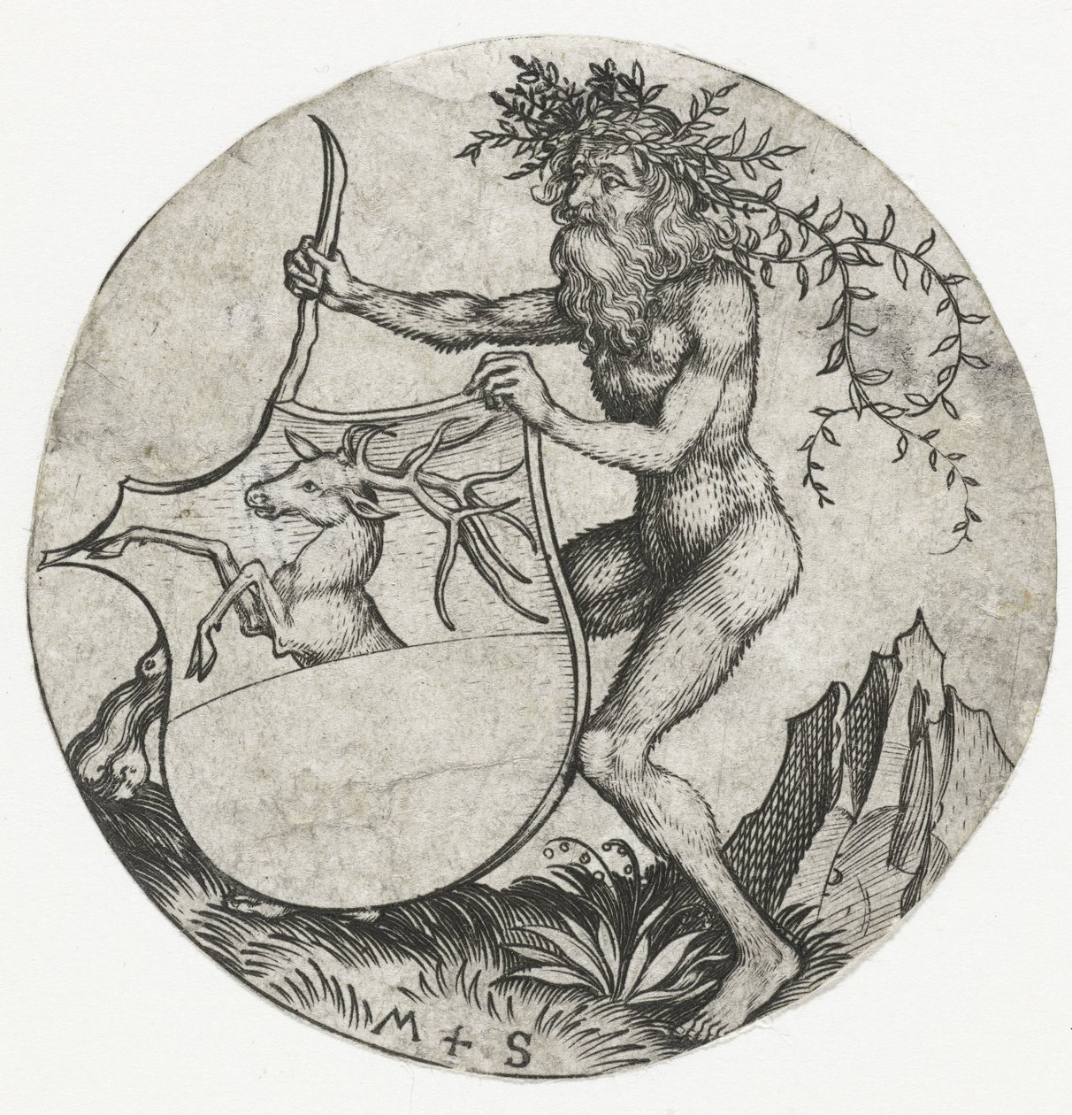 Wappen mit einem Hirsch, gehalten von einem wilden Mann mit einer Keule (Figuren mit Wappen) von Martin Schongauer
