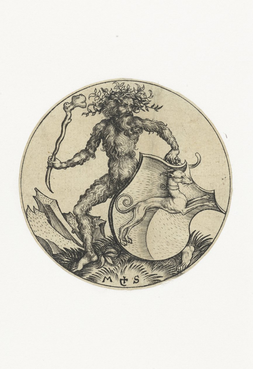 Wappen mit einem Hund, gehalten von einem wilden Mann mit einer Keule von Martin Schongauer
