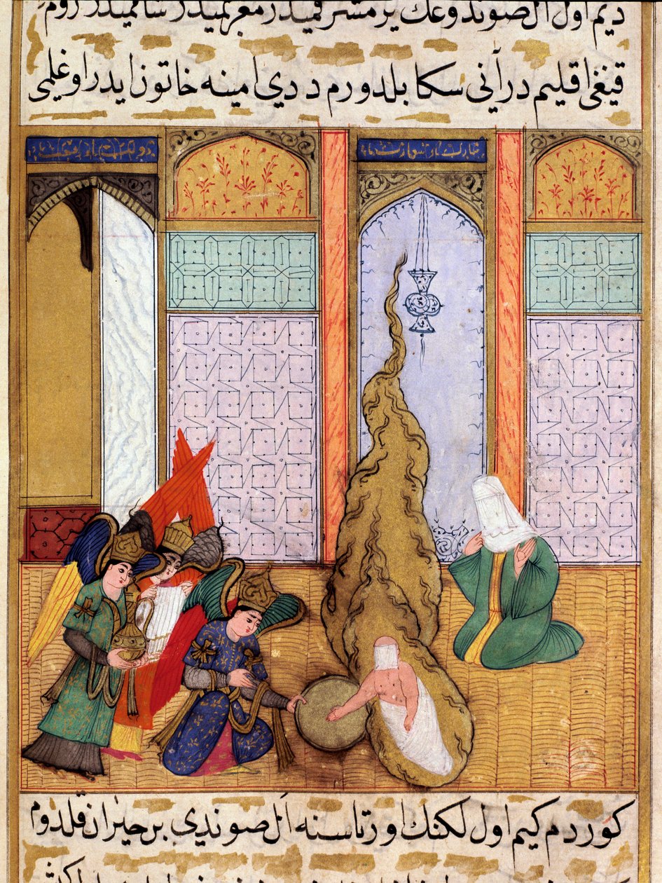 Die Geburt des Propheten Muhammad. Miniatur aus „Siyer-i Nebi“, einem epischen Gedicht über das Leben des Propheten Muhammad, geschrieben von Mustafa, Sohn von Yusuf aus Erzurum unter der Herrschaft von Murad III. (1574-1595). Miniatur von Lutfi Abdullah von Martino Bassi