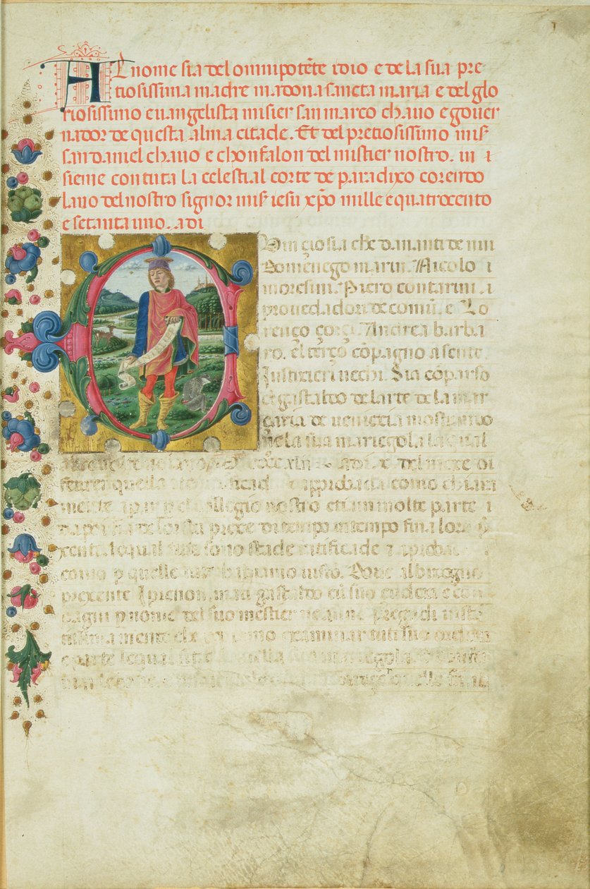 Historisierte Initiale C, die den Propheten Daniel in einer Landschaft darstellt, um 1471 von Martino di Giorgio da Modena