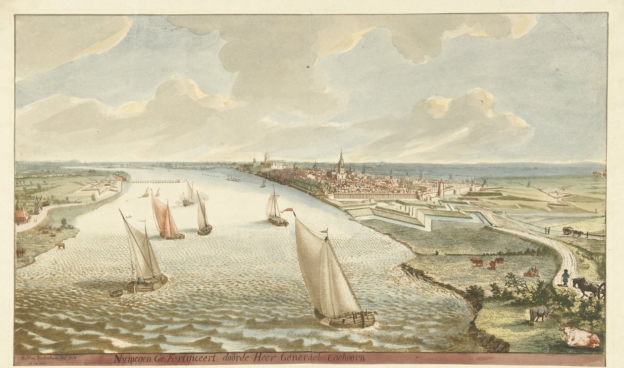 Ansicht der Festungswerke bei Nijmegen an der Waal von Martinus Berkenboom