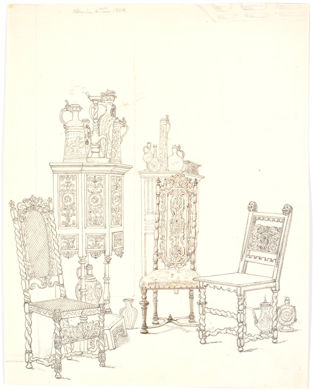 Alte Stühle und Schränke mit Steingut von Martinus Rørbye