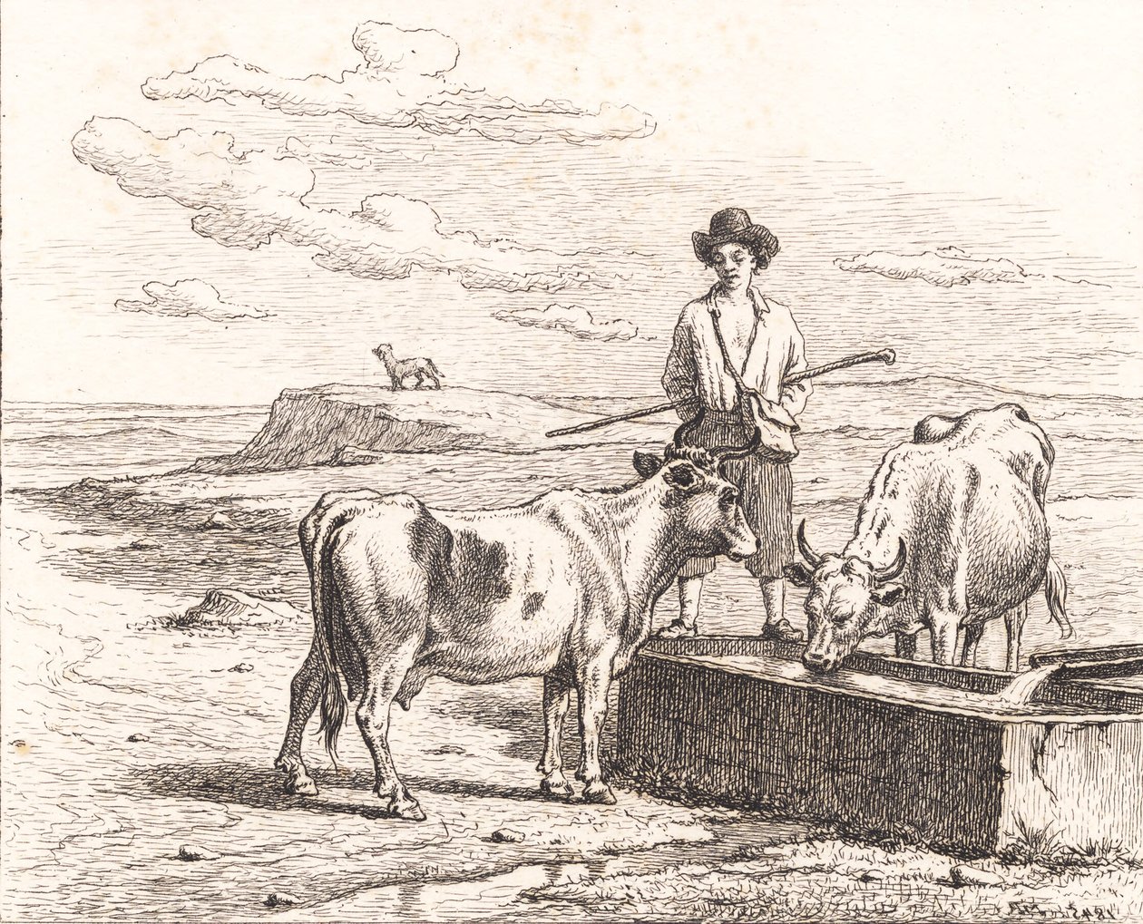 Ein Hirtenjunge an einem Wassertrog. Illustration zu Chr. Winther "Fünfundzwanzig Bilder für kleine Kinder" von Martinus Rørbye