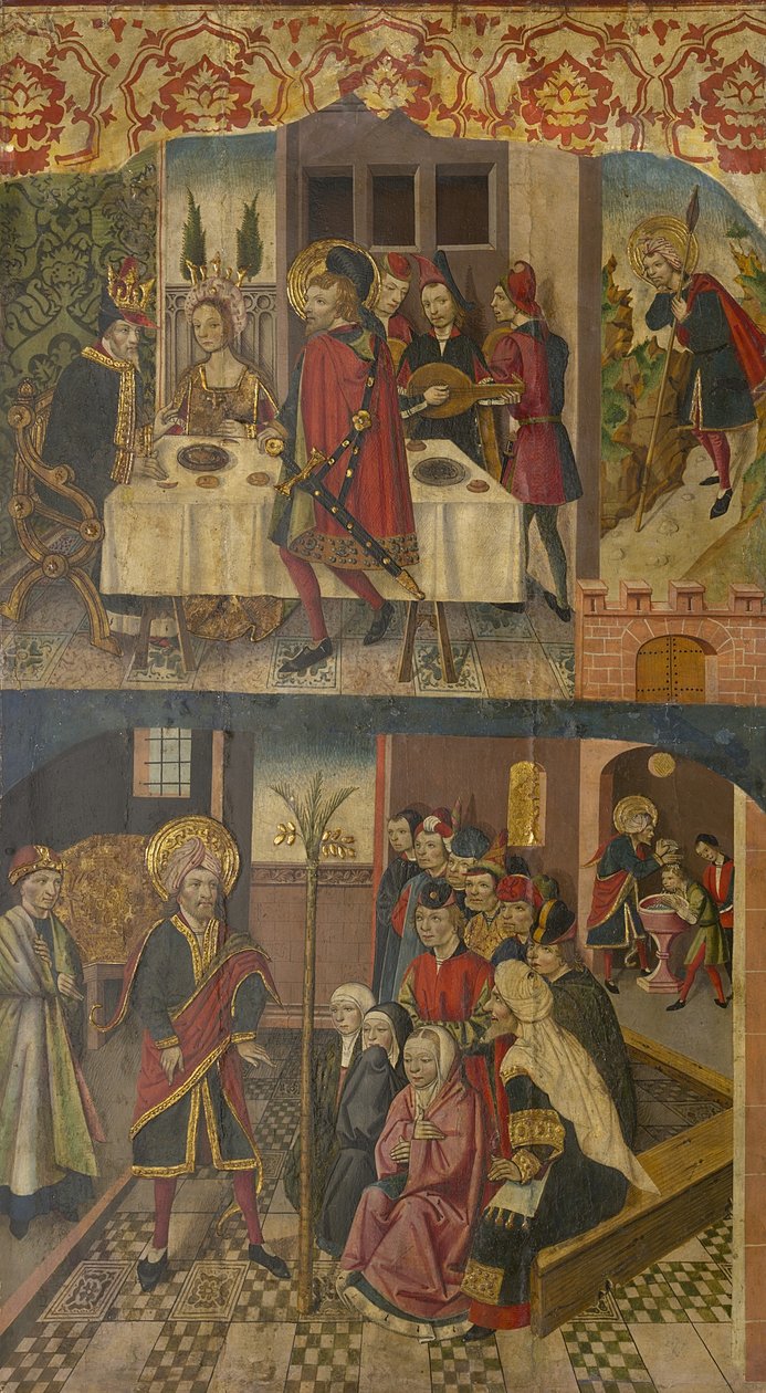 Der heilige Christophorus verabschiedet sich vom König, der Satan fürchtete, der heilige Christophorus und seine Bekehrten, 1480-85 von Martín de Soria