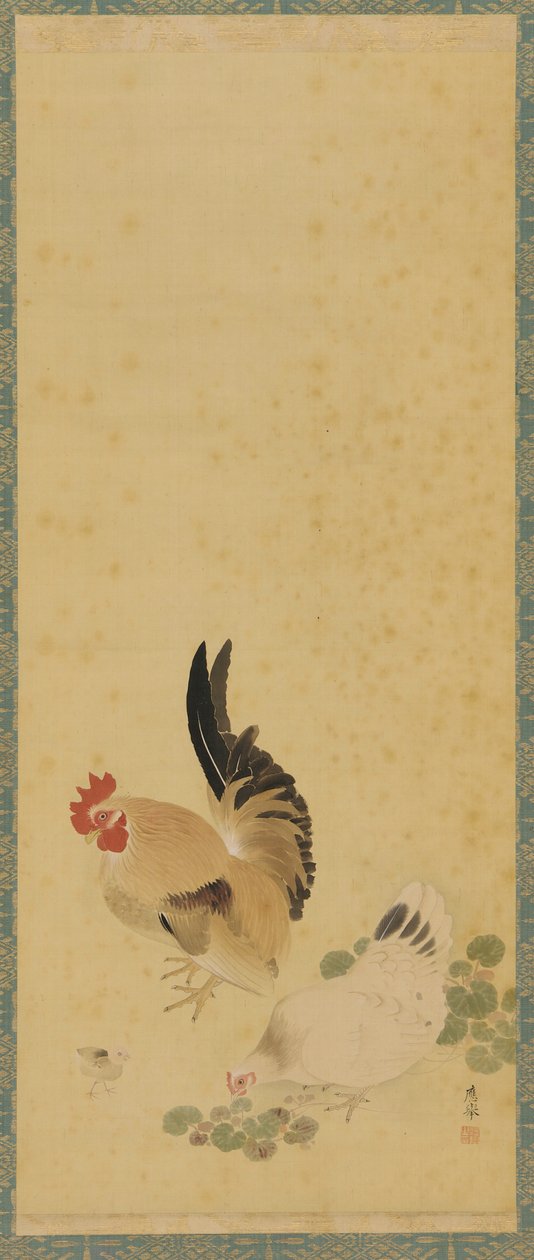 Hahn, Henne und Küken, Edo-Periode, 18. Jahrhundert von Maruyama Okyo