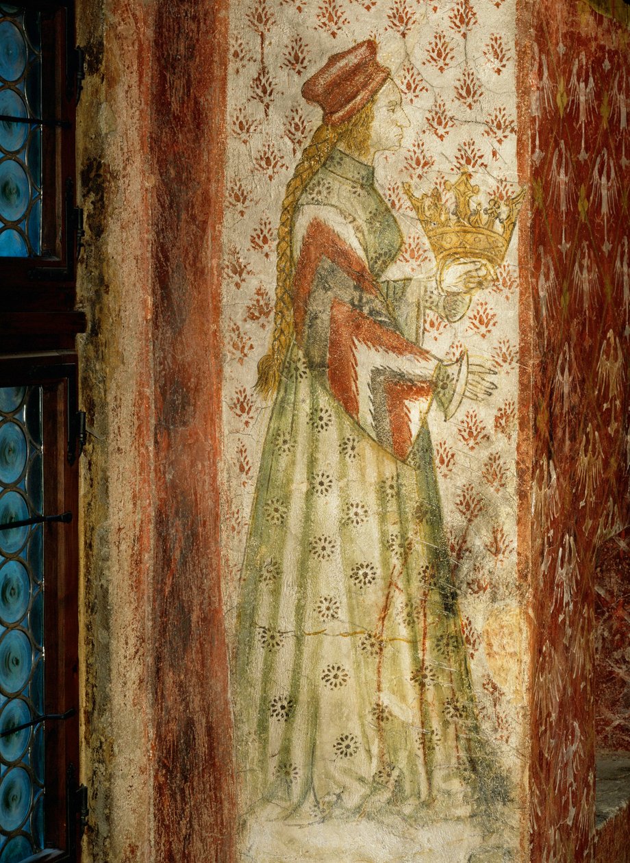 Margarete Maultasch, Gräfin von Tirol, in einem Wandgemälde in einer Fensternische des Badesaals in Schloss Runkelstein, Südtirol von Marx Reichlich