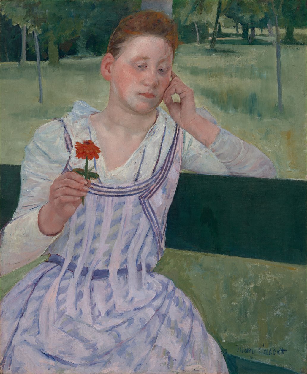 Frau mit einer roten Zinnie (Träumerei) von Mary Cassatt