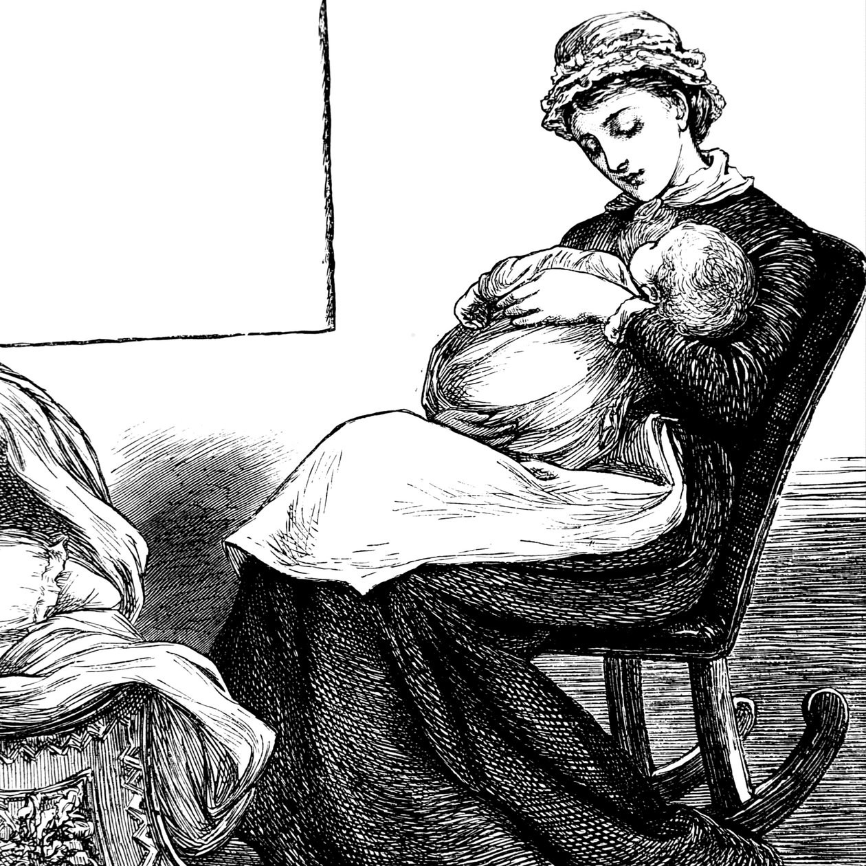 Eine Mutter, die ihr Kind auf einem Schaukelstuhl kuschelt von Mary Ellen Edwards