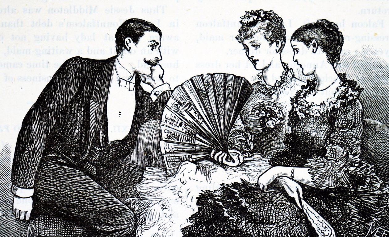 Eine wohlhabende junge Dame benutzt einen Fächer. von Mary Ellen Edwards