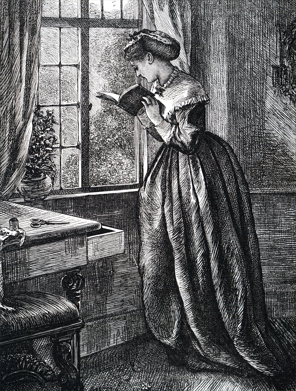 Eine junge Frau liest an einem offenen Fenster. von Mary Ellen Edwards