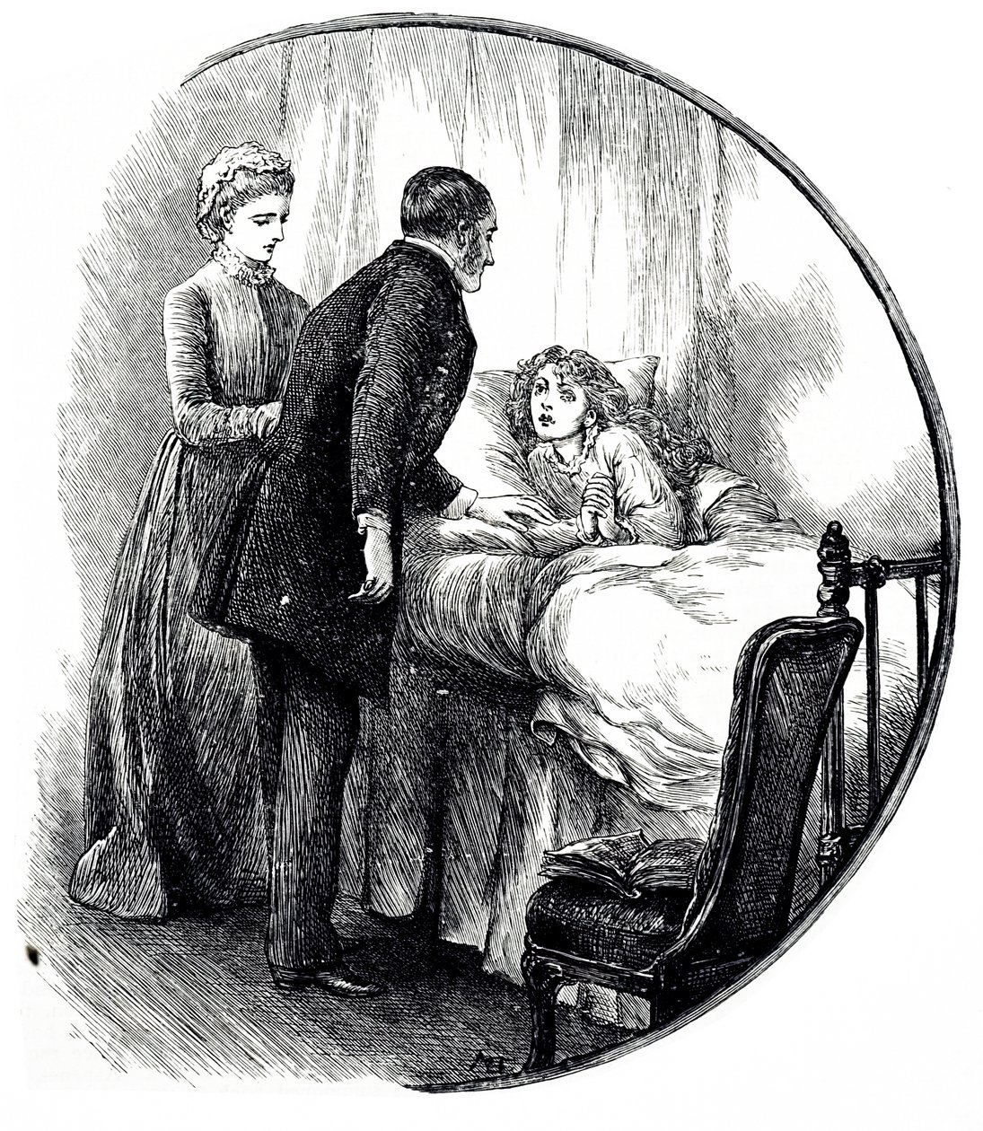 Eine Gravur, die einen Arzt zeigt, der seinen jungen Patienten zu Hause besucht. Illustriert von Mary Ellen Edwards (1838-1934), einer englischen Künstlerin und produktiven Illustratorin von Kinderbüchern von Mary Ellen Edwards