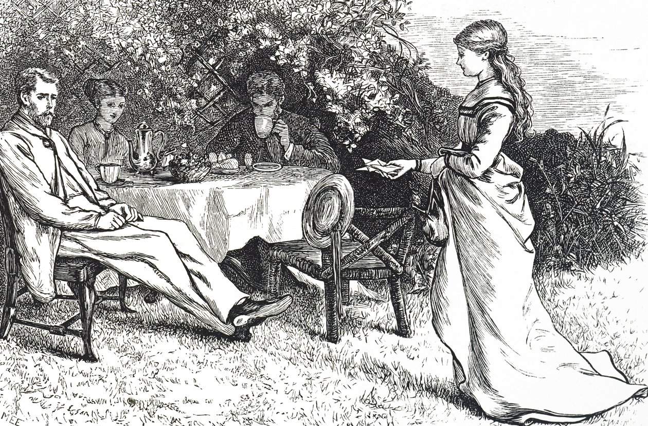 Illustration, die eine Familie beim Frühstück im Garten darstellt von Mary Ellen Edwards
