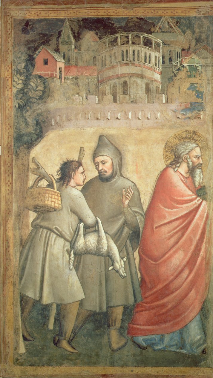 Das Treffen am Goldenen Tor, Detail, das zwei Männer im Gespräch und die Figur von Joachim darstellt von Maso di Banco