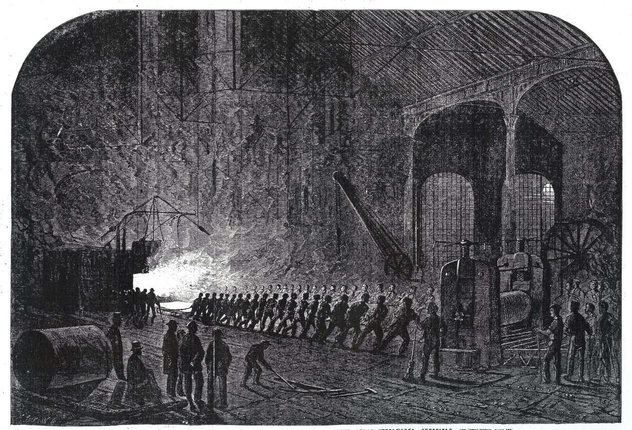 Prozess des Walzens von Panzerplatten für die Schiffe Ihrer Majestät in den Alas Stahlwerken, Sheffield, Illustration aus 