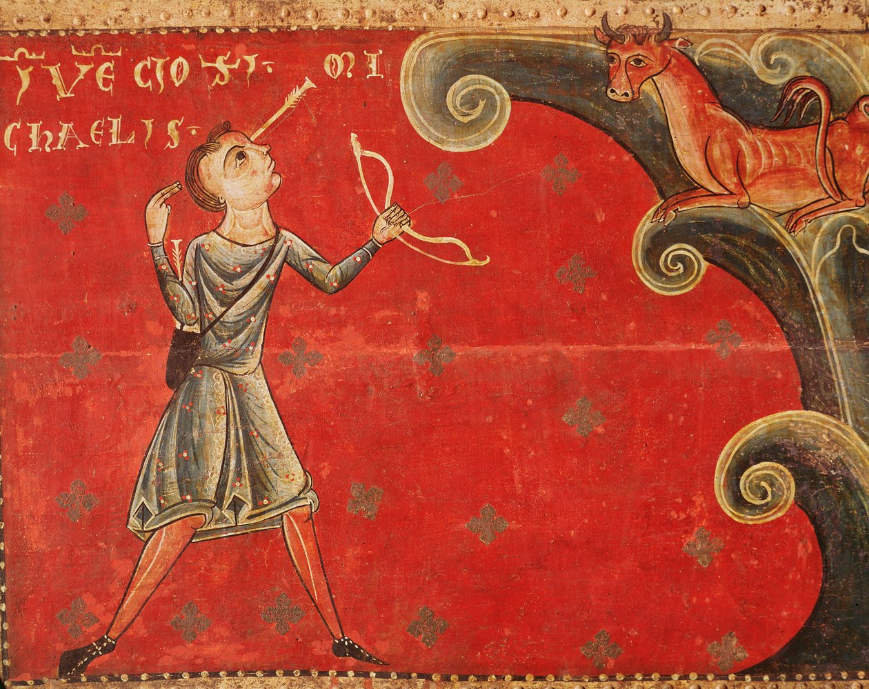 Der Pfeil, der einen aus der Herde entkommenen Stier auf dem Berg Gargano töten sollte, kehrt auf Befehl des Heiligen Michael zurück und trifft den Schützen von Master of Llussà