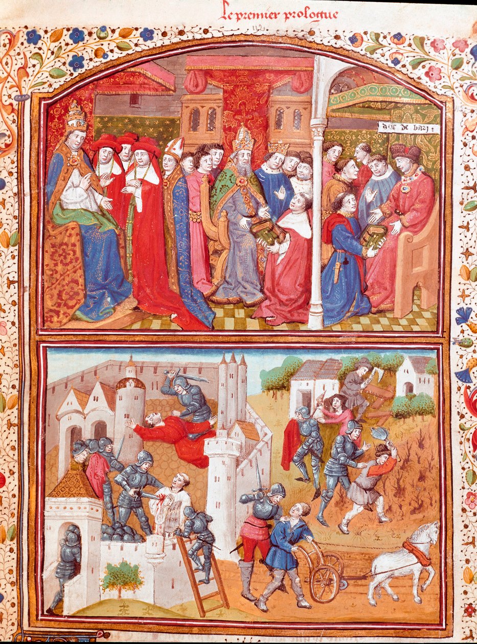 Prolog: Der Autor präsentiert sein Buch dem Herzog von Berry und Szene des Massakers an Pflügern. Miniatur aus „De casibus“ von Giovanni Boccaccio (1313-1375), italienischer Schriftsteller, übersetzt von Laurent de Premierfait von Master Dunois