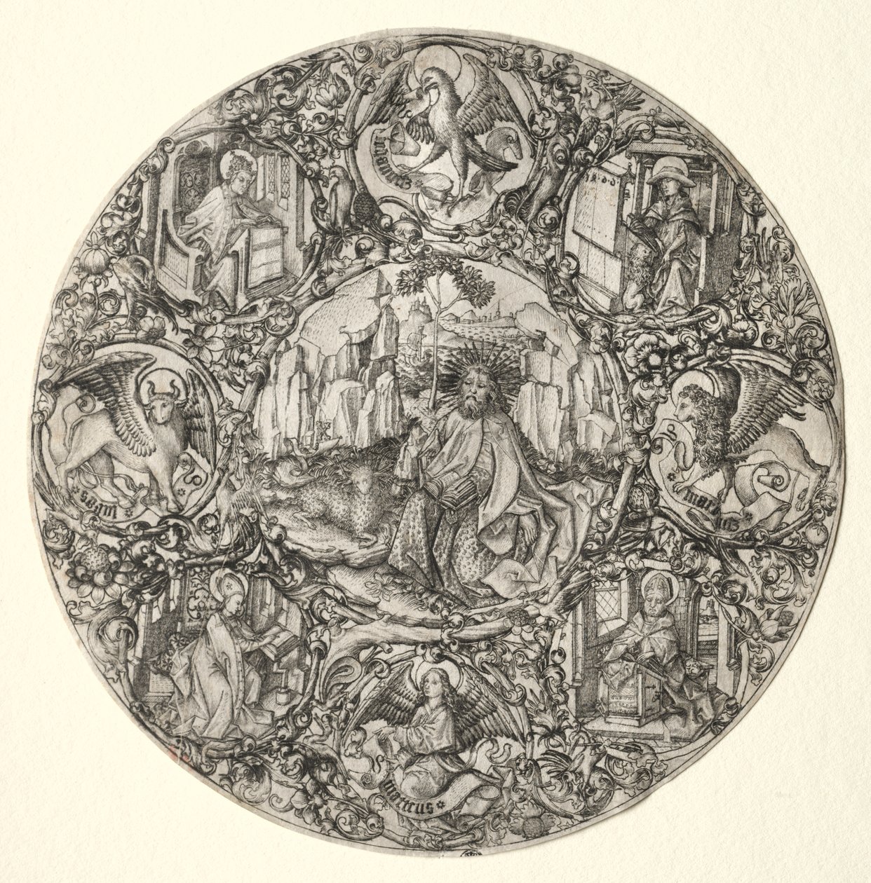 Johannes der Täufer umgeben von den Evangelisten und vier Vätern der lateinischen Kirche von Master ES