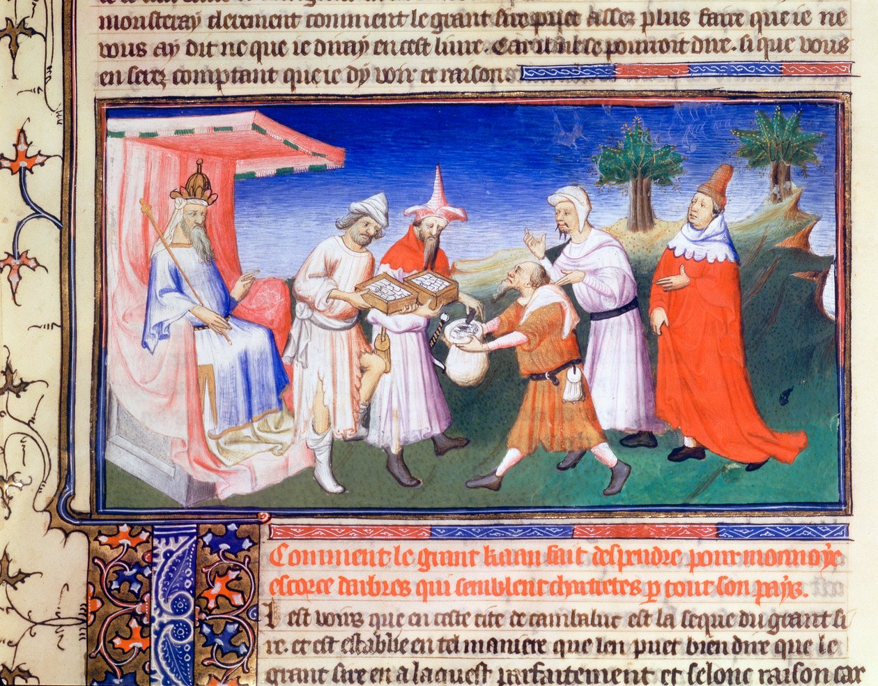 Kublai Khan beim Bezahlen von Einkäufen, ca. 1280er Jahre, frühes 15. Jahrhundert von Master of Boucicaut