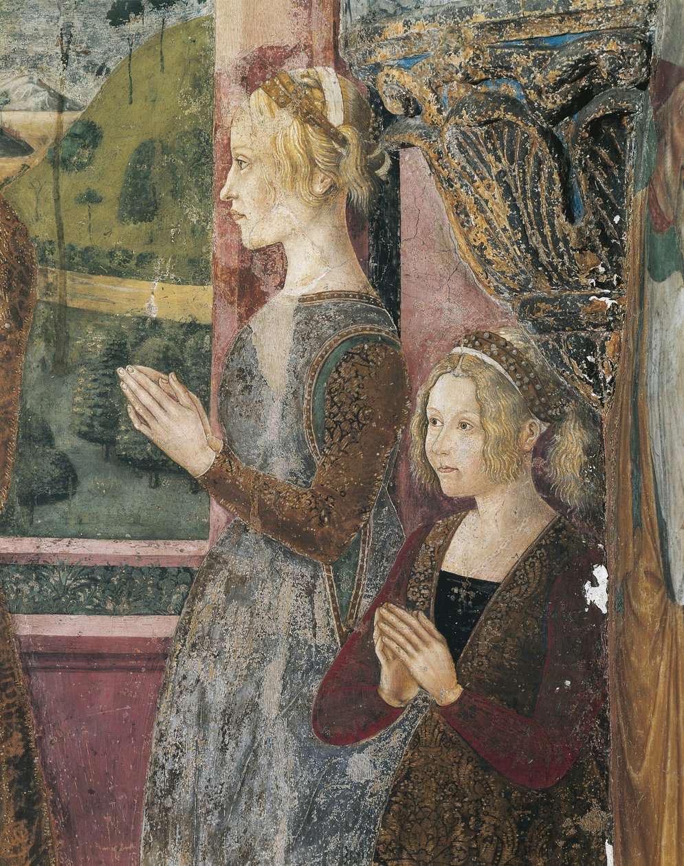 Italien, Region Piemont, Provinz Alessandria, Serralunga di Crea, Sacro Monte di Crea, Heiligtum Santa Maria Assunta, Kapelle der Heiligen Margareta von Antiochia, Fresko, das Paleologo und Bernarda di Bosse darstellt von Master of Crea