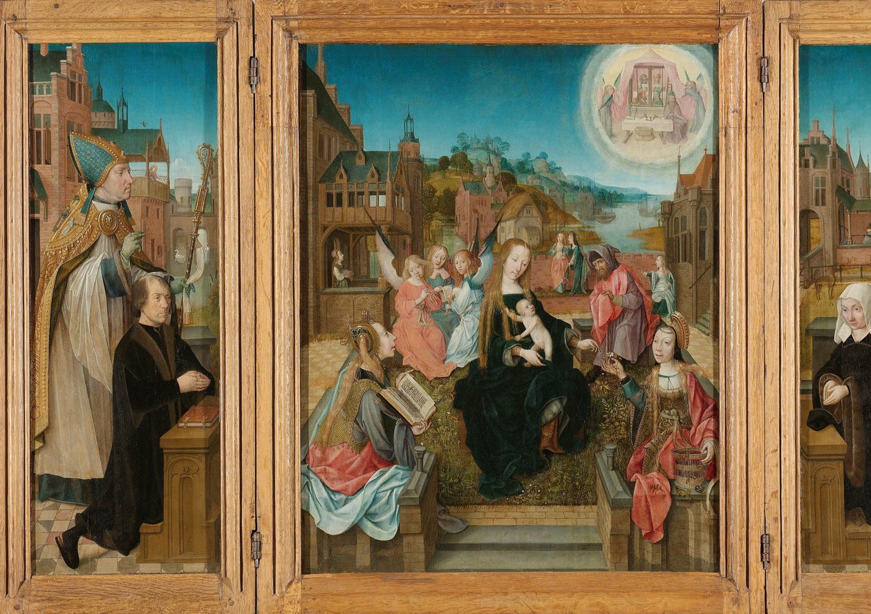 Triptychon mit Madonna und Kind mit Heiligen (Mitte), männlicher Stifter mit St. Martin (links, Innenflügel), weiblicher Stifter mit St. Cunera (rechts, Innenflügel) und der Verkündigung (Außenflügel) von Master of Delft