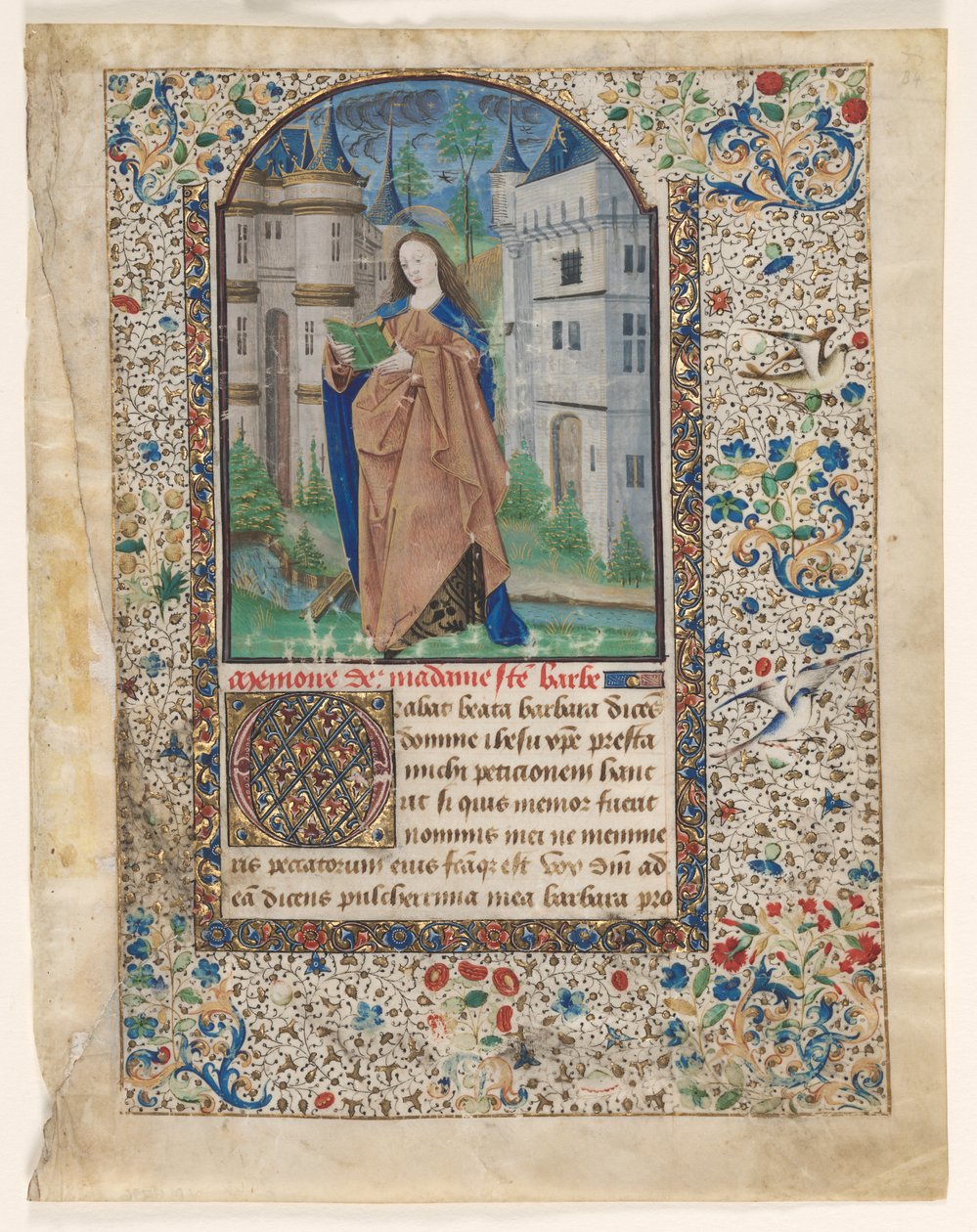 Blatt aus einem Stundenbuch: St. Barbara (2 von 2 ausgeschnittenen Blättern) von Master of Jacques de Luxembourg