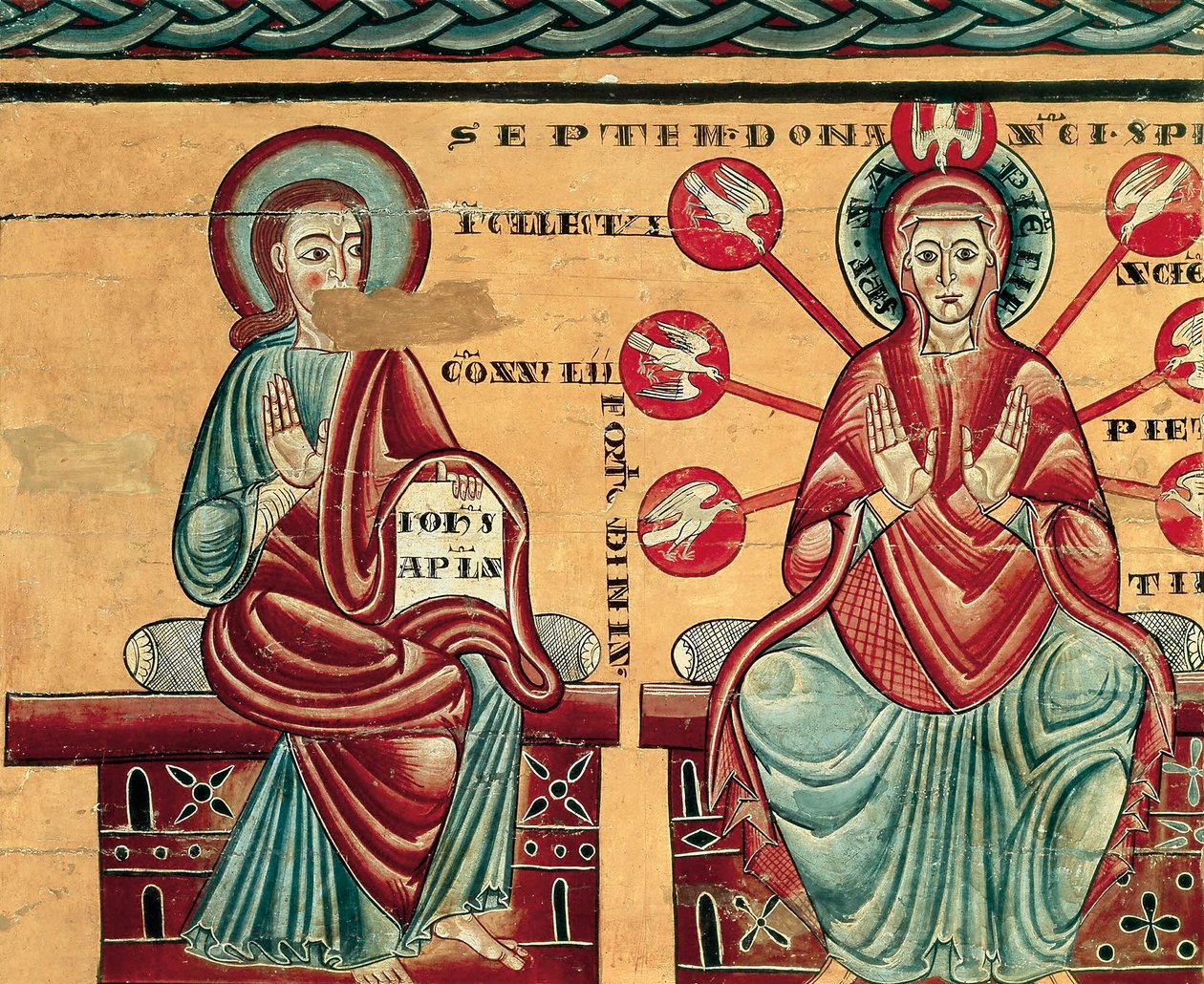 Maria empfängt die Gaben des Heiligen Geistes, Detail von Master of Lluca