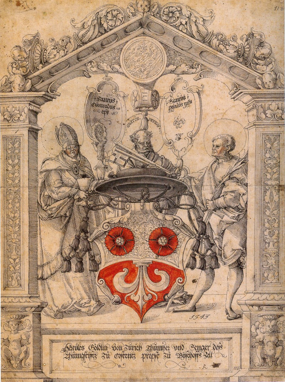 Scheibenriss des Hercules Göldlin mit den Heiligen Konrad, Pelagius und Petrus von Master of Messkirch