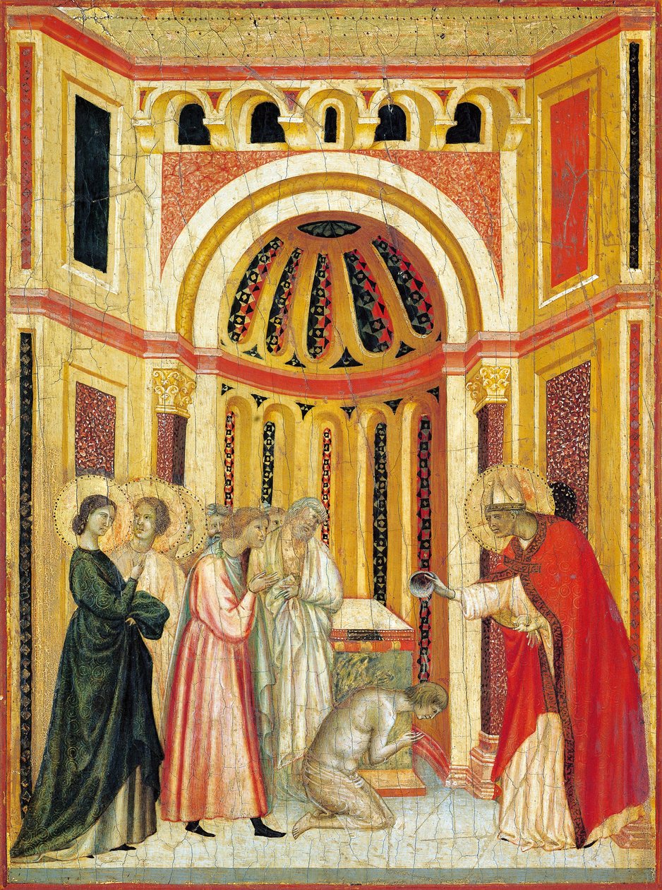 Bischof Urban tauft Tiburcio, Detail aus dem Altarbild der Legende von St. Cäcilia, um 1304, von Meister der Heiligen Cäcilia, Tempera auf Tafel und Goldblatt geprägt von Master of Saint Cecilia