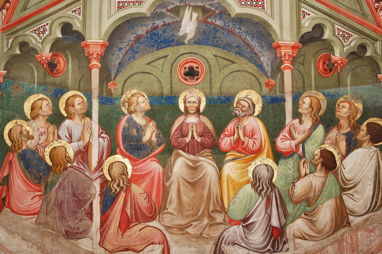 „Pfingsten“, Detail mit betenden Heiligen und der Jungfrau Maria und der Taube, ca. 1420 (Fresko) von Master of Vignola