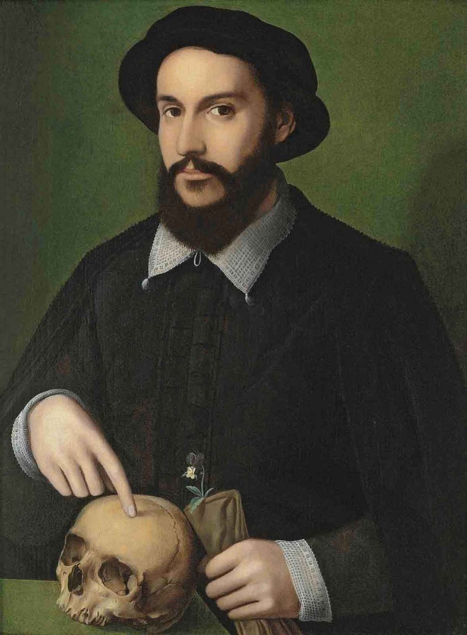 Porträt eines Mannes, der auf einen Schädel zeigt von Master of the 1540s