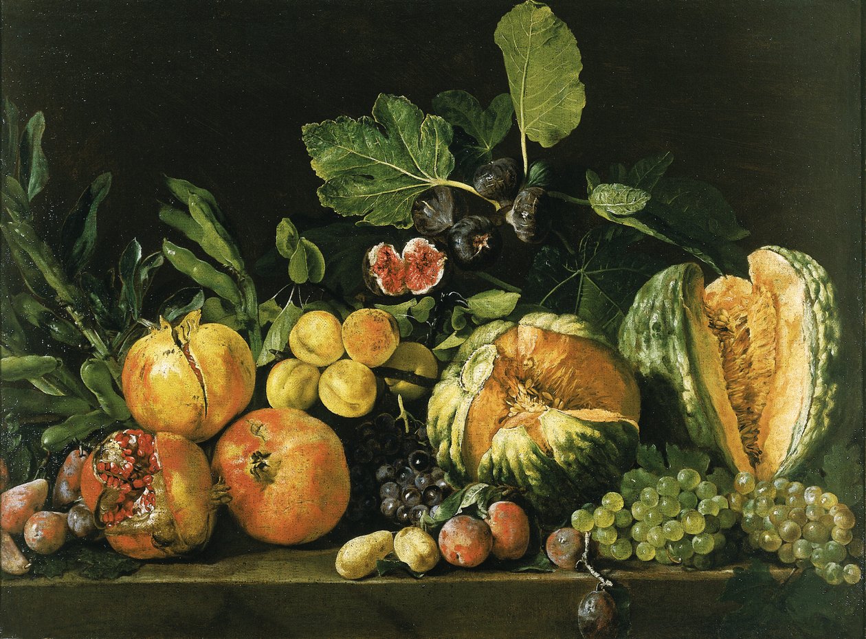 Granatäpfel, Melonen, Trauben, Pfirsiche, Feigen und andere Früchte auf einem Steinsims von Master of the Acquavella Still Life