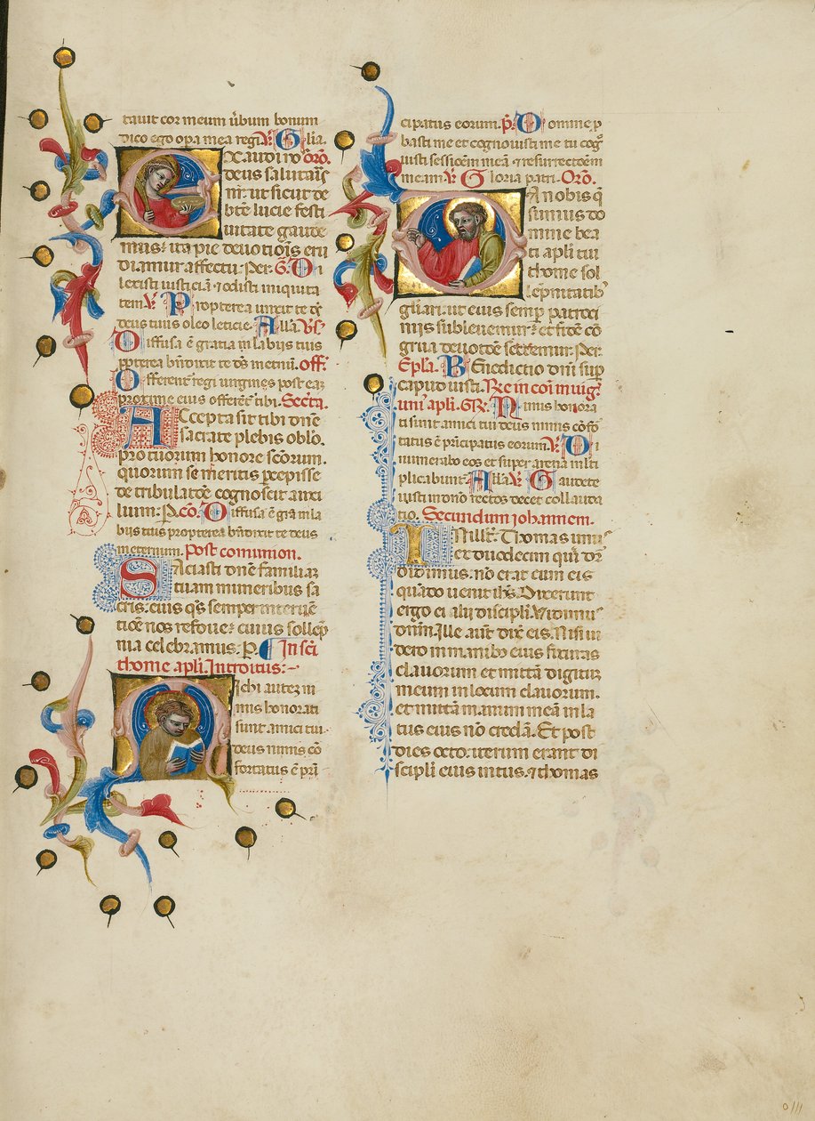 Initiale E: Heilige Lucia; Initiale M: Heiliger Thomas; Initiale D: Heiliger Thomas predigt von Master of the Brussels Initials