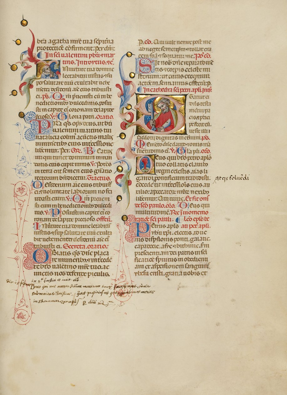 Initiale I: Heiliger Valentin; Initiale S: Heiliger Petrus von Master of the Brussels Initials