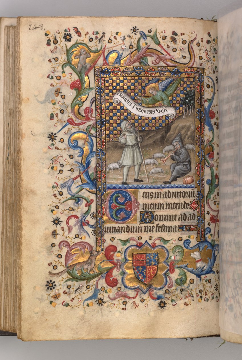 Stundenbuch von Karl dem Edlen, König von Navarra 1361-1425: Verkündigung an die Hirten...verso, c1 von Master of the Brussels Initials and Associates
