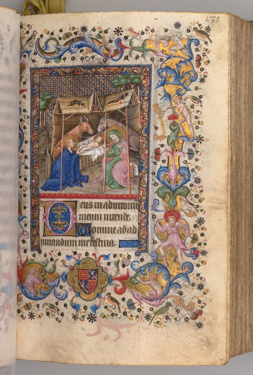 Stundenbuch von Karl dem Edlen, König von Navarra 1361-1425: fol. 67r, Geburt Christi, um 1405 von Master of the Brussels Initials and Associates