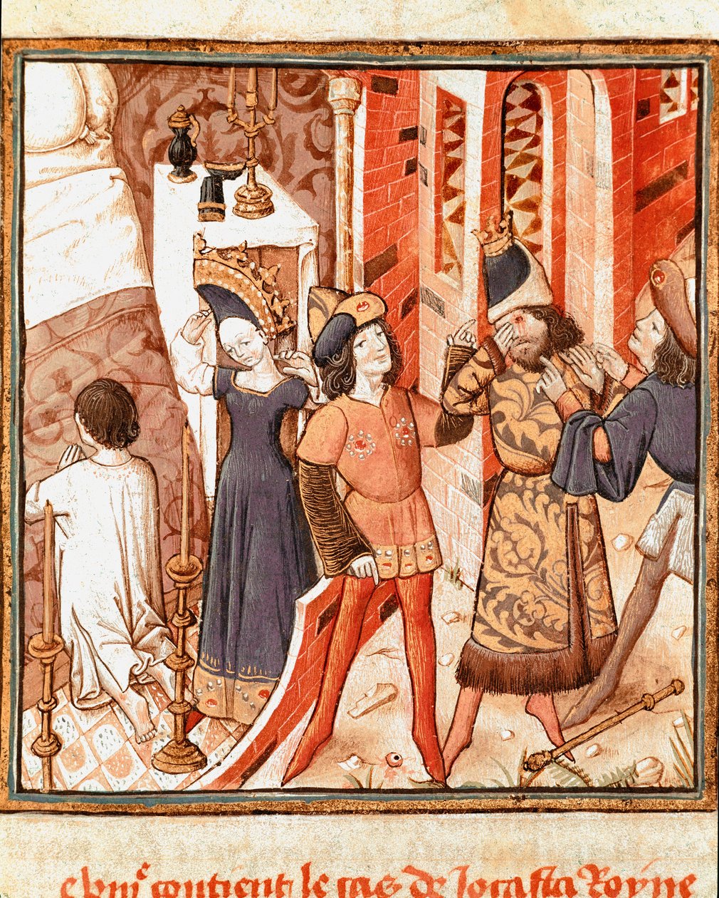Legende von Jokaste, Königin von Theben. Ödipus, blind, nachdem er seinen eigenen Vater getötet hat. Miniatur des Meisters des Champion der Damen (15. Jahrhundert) aus dem Manuskript „Von berühmten Männern“ von Giovanni Boccaccio (1313-1375) von Master of the Champion des Dames