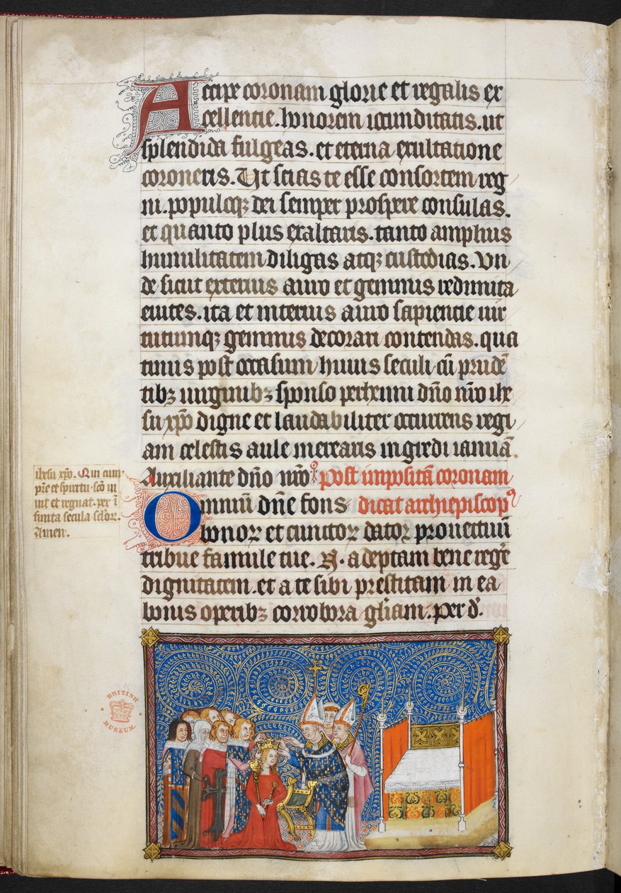 Der Erzbischof von Reims setzt der Königin die Krone auf, die Barone halten ihre Krone, Illustration aus 
