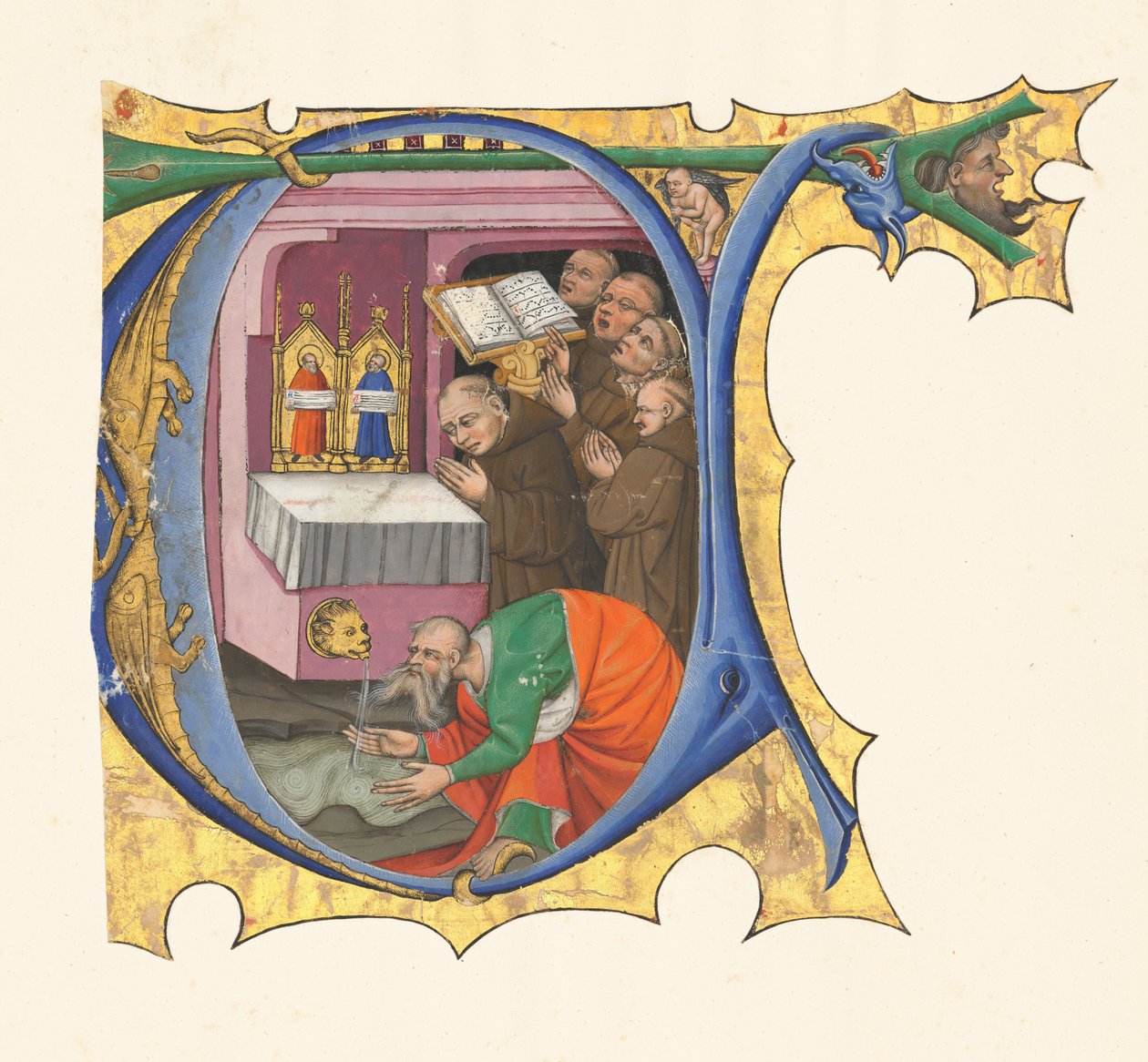 Initiale T mit einer Gruppe von Benediktinermönchen, die vor einem Altar singen, aus dem Wasser fließt von Master of the Cypresses