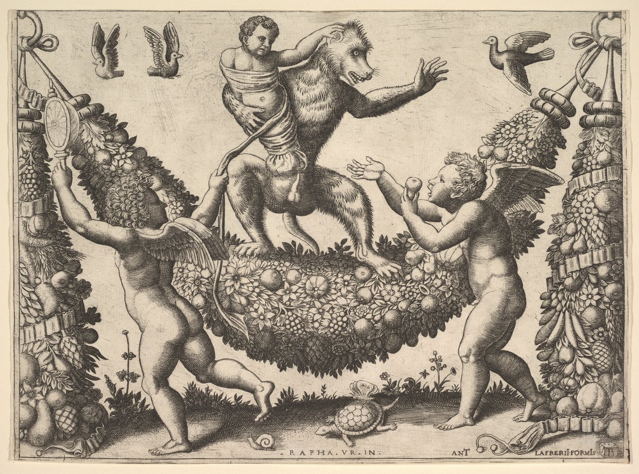 Ein Affe hält einen gefesselten Putto, der auf einem Kranz steht, vor dem zwei geflügelte P..., 1530-60 von Master of the Die