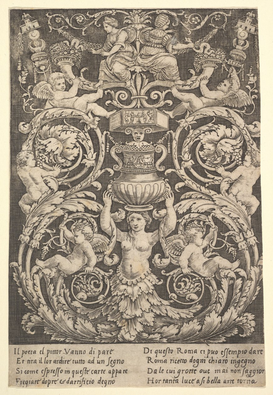 Ein Ornamentpanel mit einer Frau, die eine Vase hält von Master of the Die