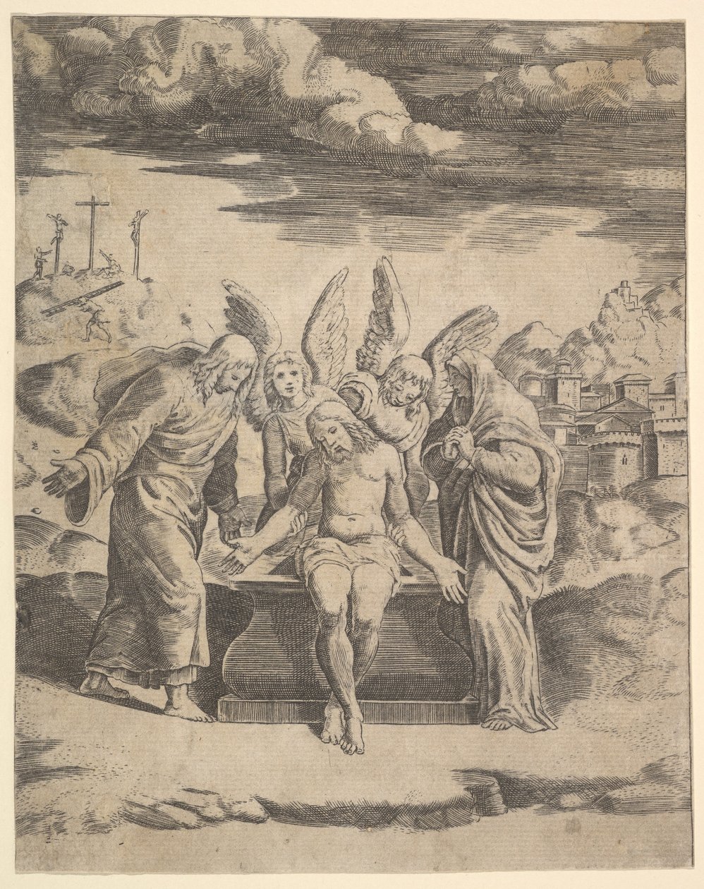 Christus sitzt auf dem Grab, unterstützt von Engeln von Master of the Die