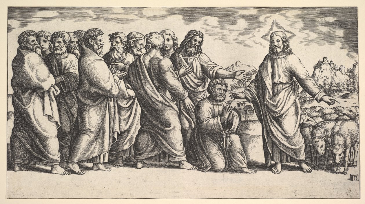 Christus steht links und zeigt auf eine Schafherde, vor ihm kniet St. Peter von Master of the Die
