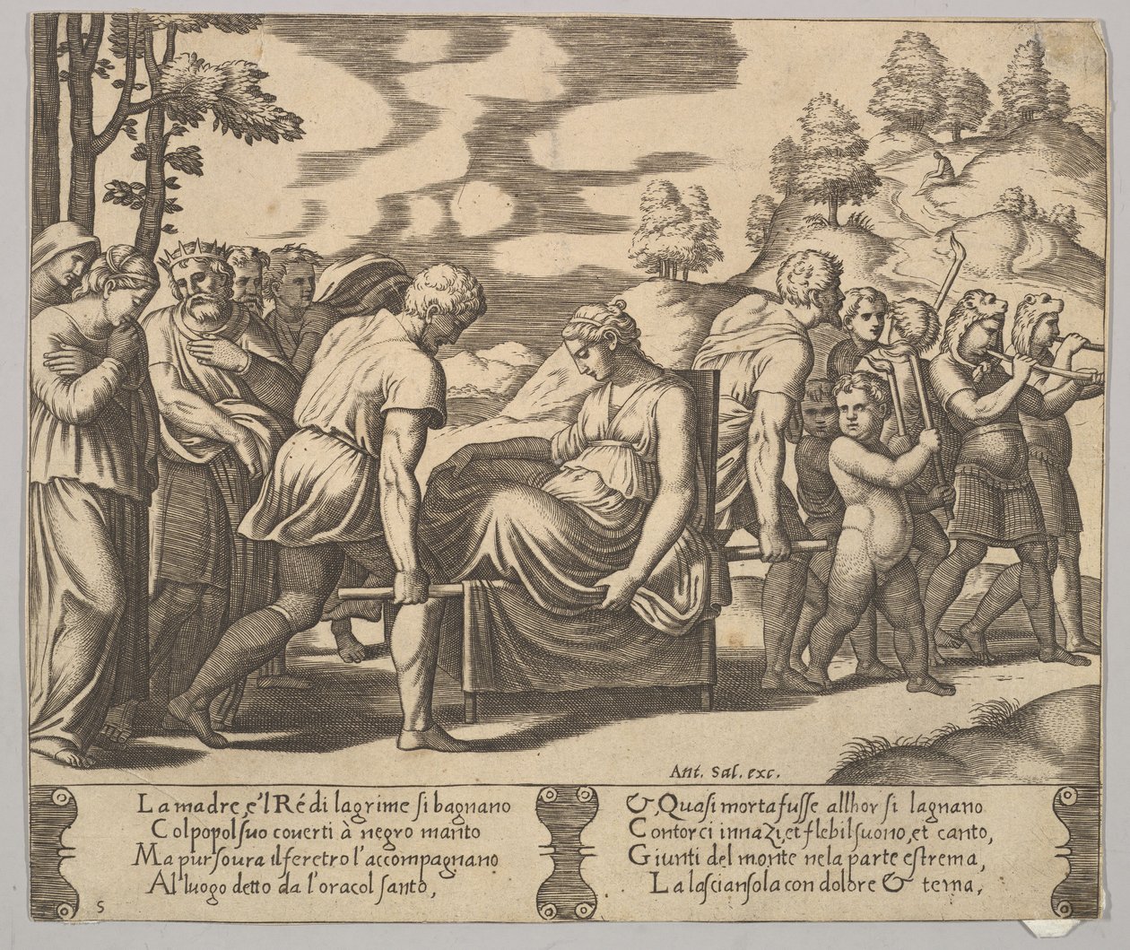 Tafel 5: Psyche wird auf einer Sänfte zu einem Berg getragen, aus 