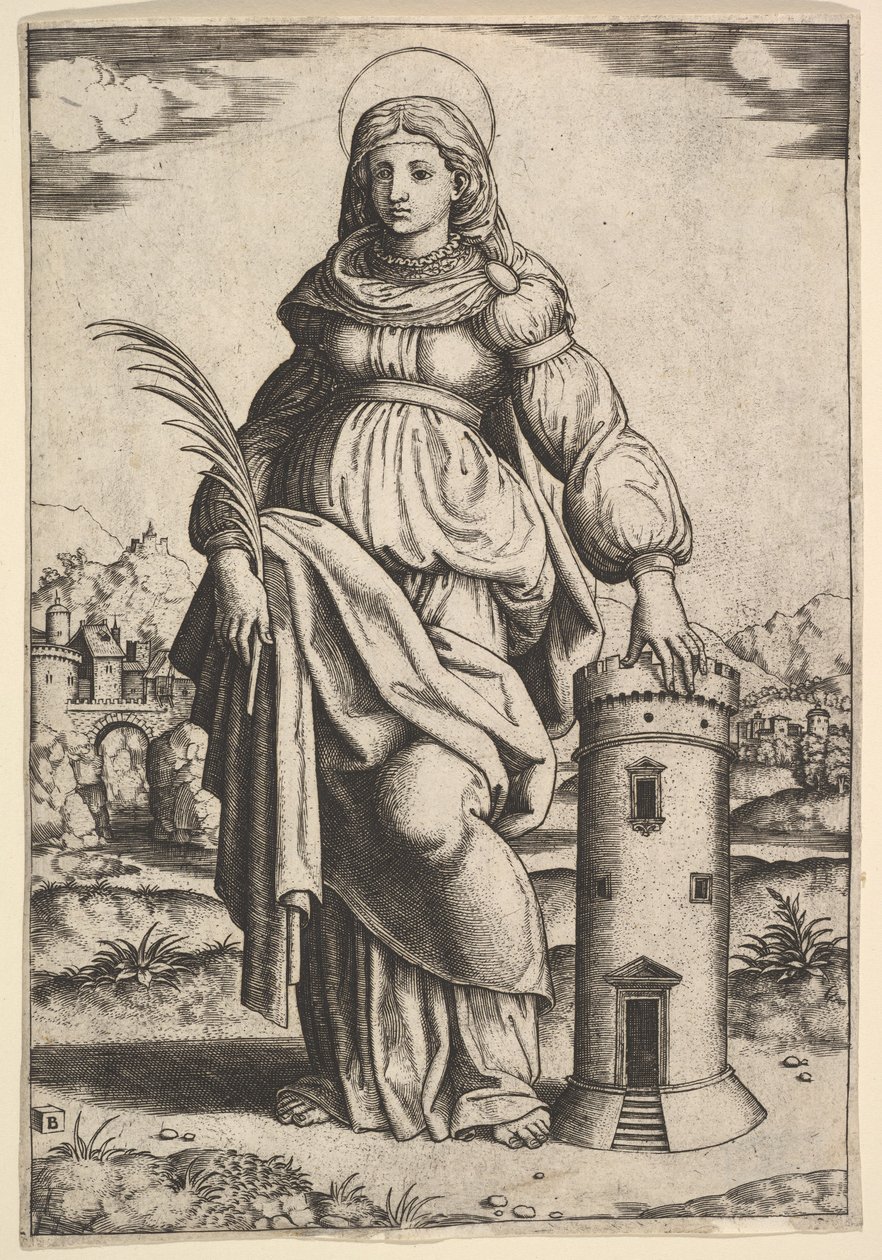 Heilige Barbara stehend, Palme in der rechten Hand, linke Hand auf einem Turm ruhend, 1530-60 von Master of the Die