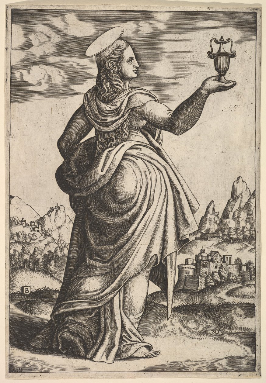 Die Magdalena steht nach rechts, Krug in ihrer erhobenen rechten Hand, 1530-60 von Master of the Die
