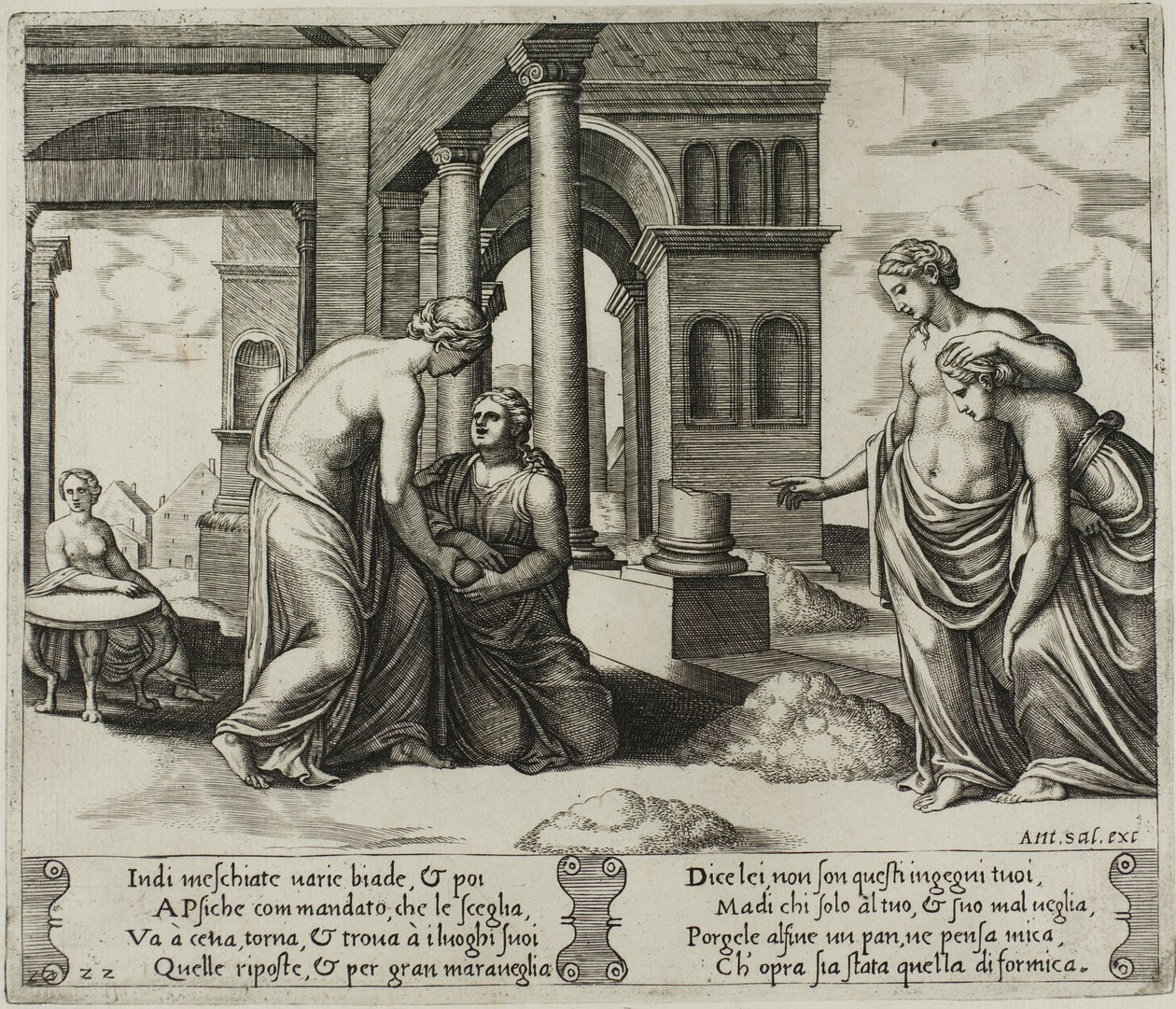Venus befiehlt Psyche, einen Haufen Getreide zu sortieren von Master of the Die