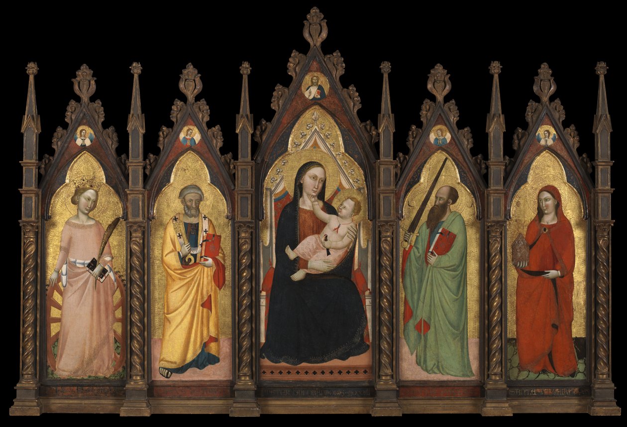 Polyptychon - Madonna mit Kind auf dem Thron mit vier Heiligen von Master of the Dominican Effigies