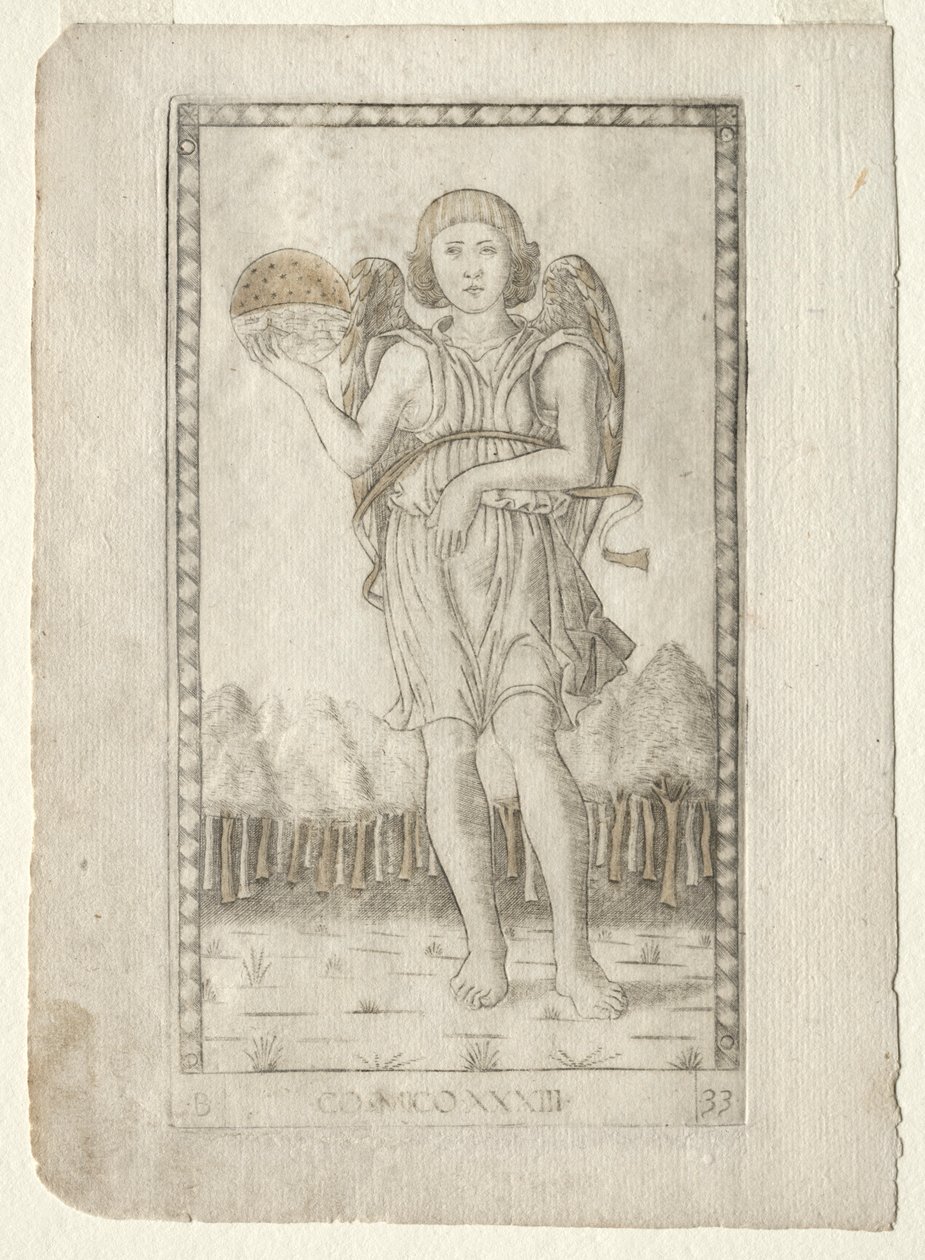 Genius der Welt aus dem Tarocchi, Serie B: Kosmische Prinzipien & Tugenden, #33, vor 1467 von Master of the E Series Tarocchi